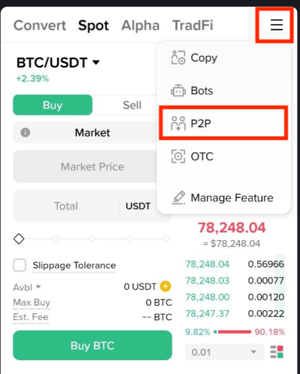 صورة توضيحية لشراء البيتكوين داخل بينانس P2P